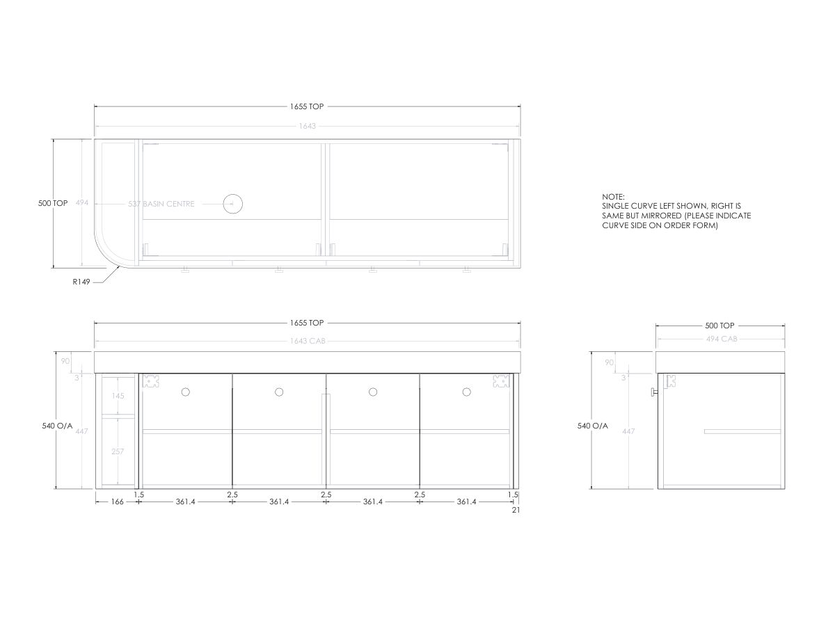 Reece Kado Era Single Curve All Door 1650mm Wall Hung Vanity Left Hand Basin 90mm Durasein Top