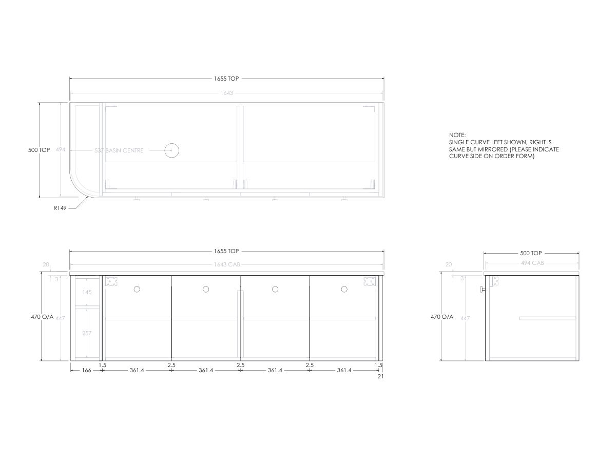 Reece Kado Era Single Curve All Door 1650mm Wall Hung Vanity With Left Hand Basin 20mm Cherry Pie Top