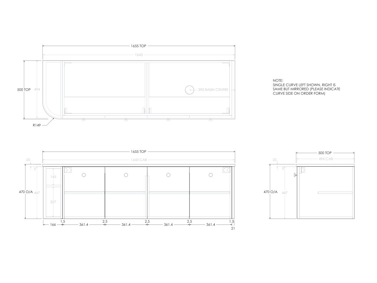 Reece Kado Era Single Curve All Door 1650mm Wall Hung Vanity With Right Hand Basin 20mm Caesarstone Mineral Top