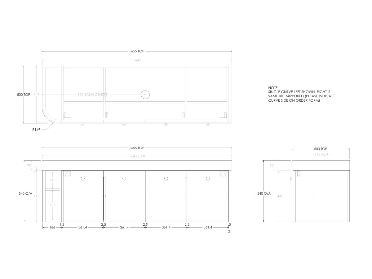 Reece Kado Era Single Curve All Door 1650mm Wall Hung Vanity Centre Basin 90mm Durasein Top