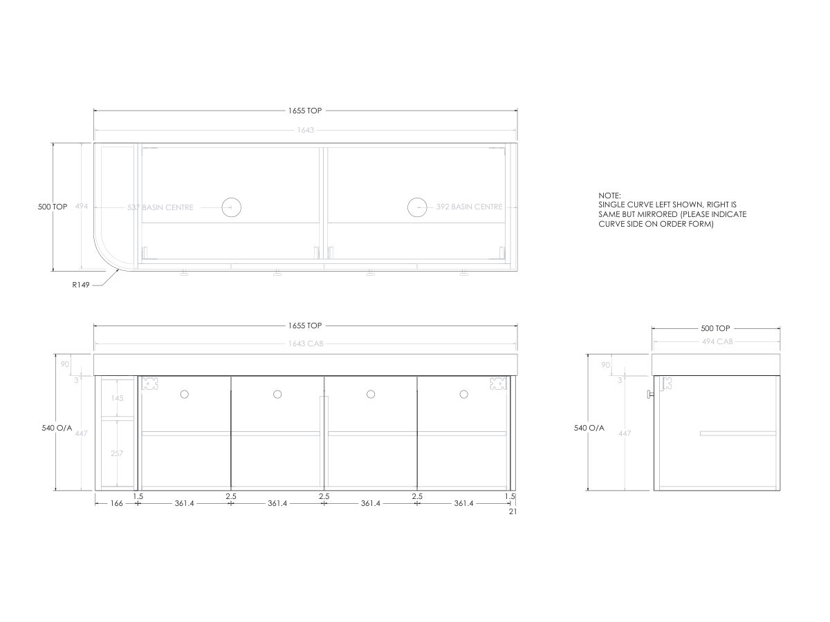 Reece Kado Era Single Curve All Door 1650mm Wall Hung Vanity Double Basin 90mm Durasein Top