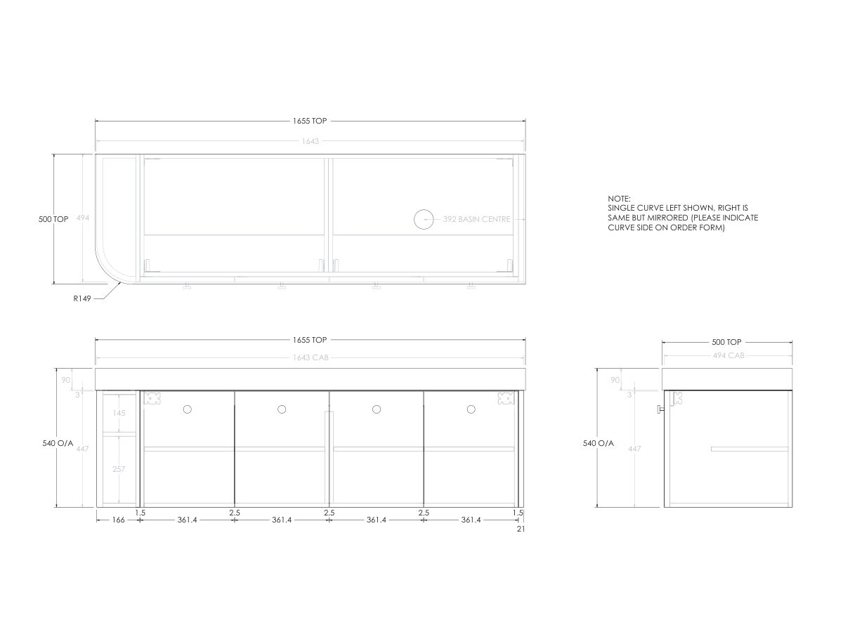 Reece Kado Era Single Curve All Door 1650mm Wall Hung Vanity Right Hand Basin 90mm Durasein Top