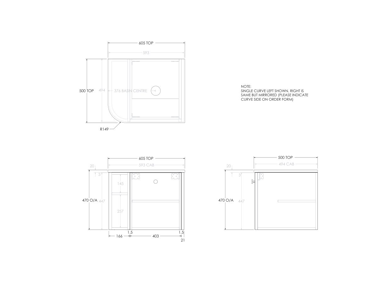 Reece Kado Era Single Curve All Door 600mm Wall Hung Vanity With Centre Basin 20mm Caesarstone Mineral Top