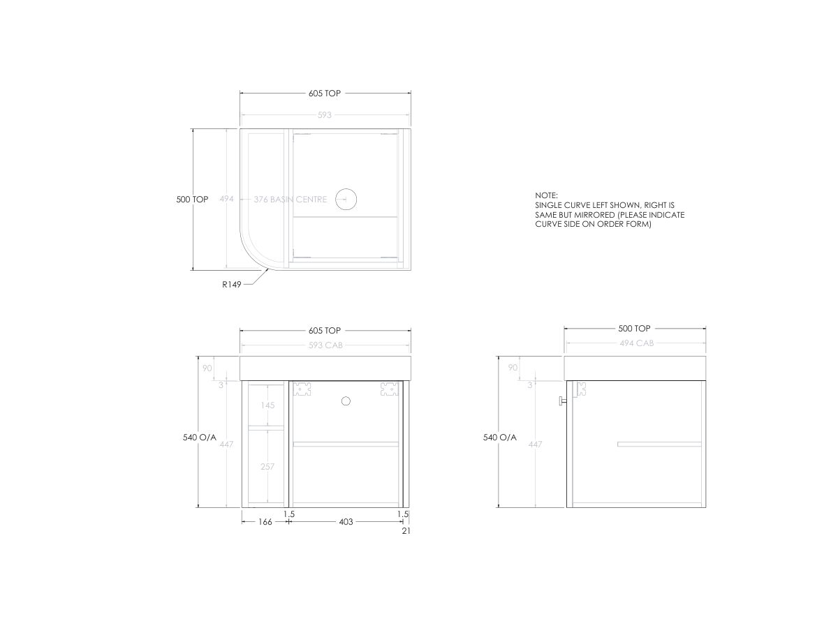 Reece Kado Era Single Curve All Door 600mm Wall Hung Vanity Centre Basin 90mm Durasein Top