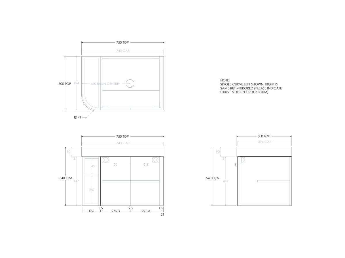 Reece Kado Era Single Curve All Door 750mm Wall Hung Vanity Centre Basin 90mm Durasein Top