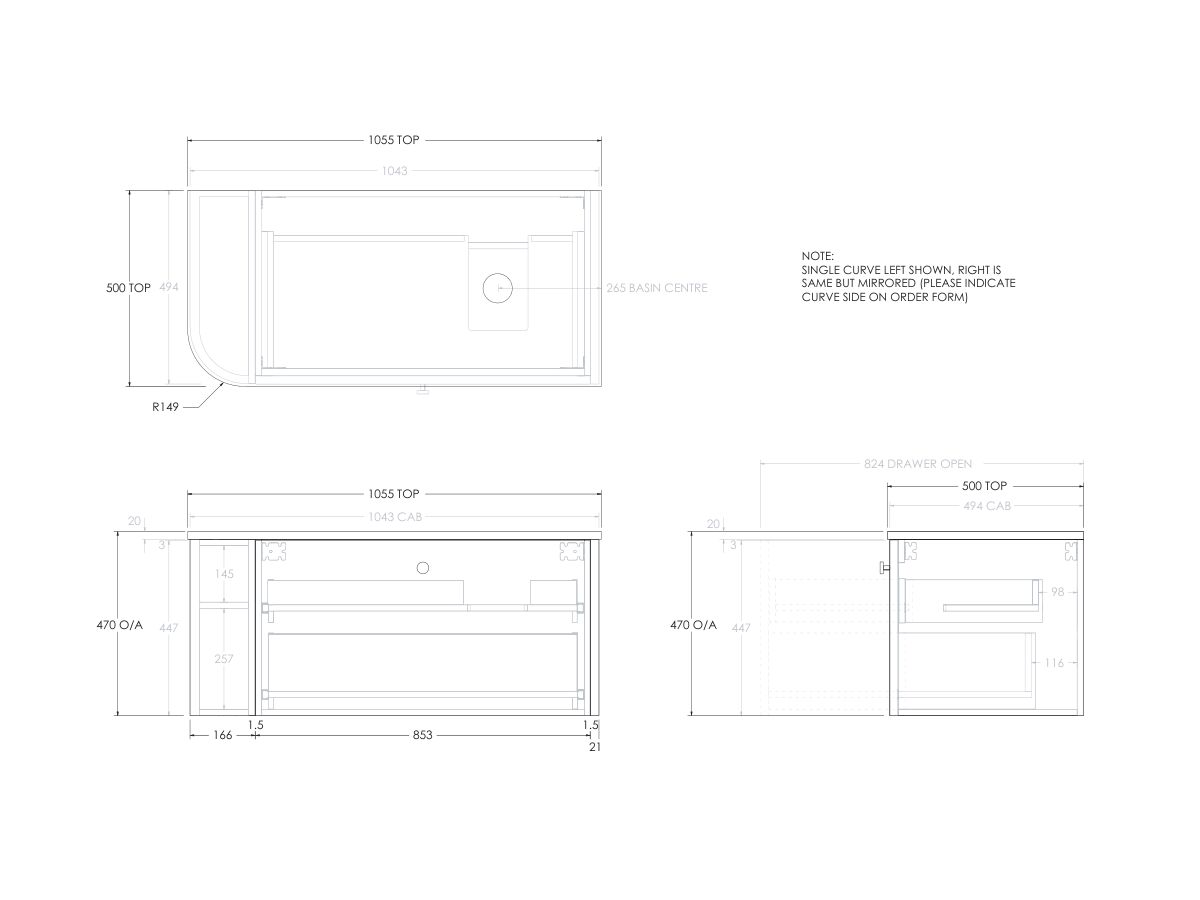Reece Kado Era Single Curve All Drawer 1050mm Wall Hung Vanity With Right Hand Basin 20mm Cherry Pie Top