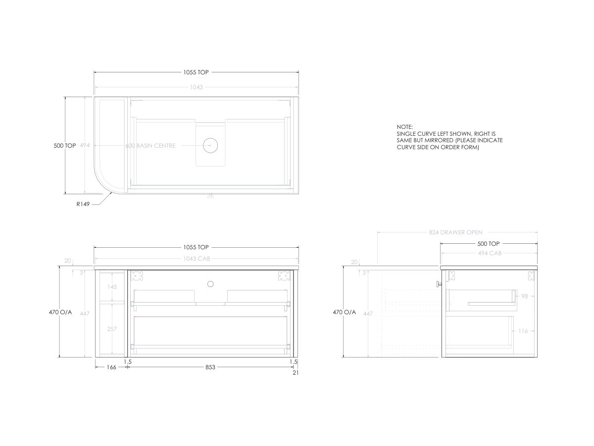 Reece Kado Era Single Curve All Drawer 1050mm Wall Hung Vanity With Centre Basin 20mm Caesarstone Mineral Top