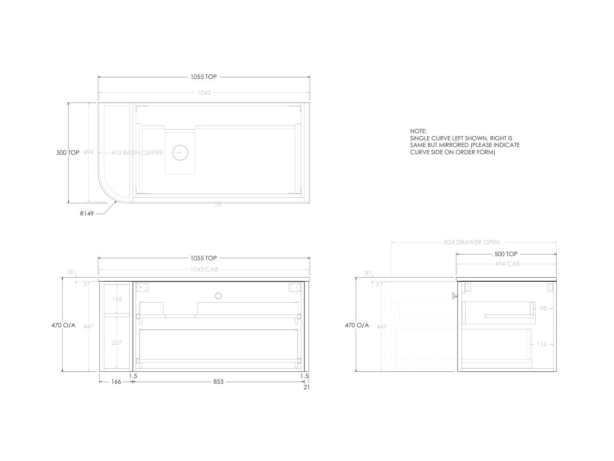 Reece Kado Era Single Curve All Drawer 1050mm Wall Hung Vanity With Left Hand Basin 20mm Caesarstone Mineral Top