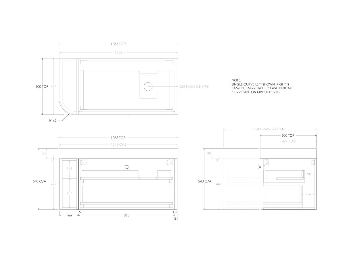 Reece Kado Era Single Curve All Drawer 1050mm Wall Hung Vanity Right Hand Basin 90mm Durasein Top