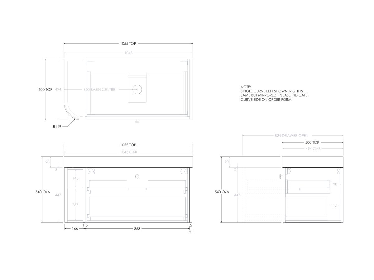 Reece Kado Era Single Curve All Drawer 1050mm Wall Hung Vanity Centre Basin 90mm Durasein Top