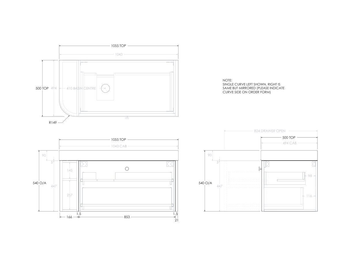Reece Kado Era Single Curve All Drawer 1050mm Wall Hung Vanity Left Hand Basin 90mm Durasein Top