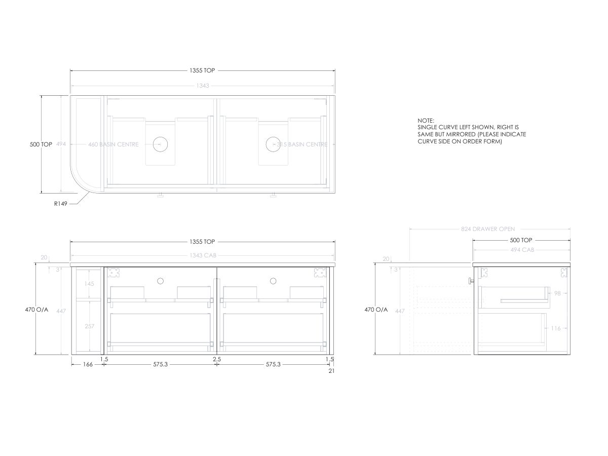 Reece Kado Era Single Curve All Drawer 1350mm Wall Hung Vanity With Double Basin 20mm Caesarstone Mineral Top