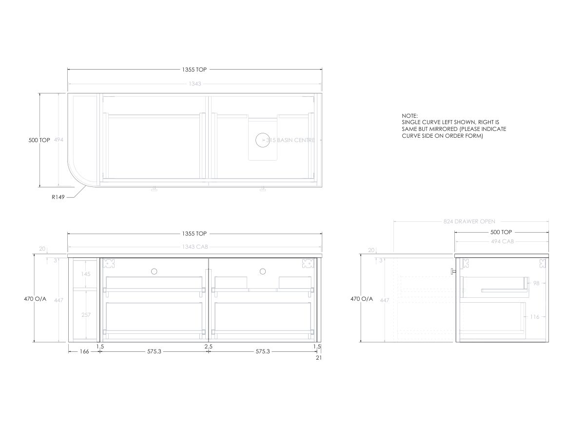 Reece Kado Era Single Curve All Drawer 1350mm Wall Hung Vanity With Right Hand Basin 20mm Caesarstone Mineral Top