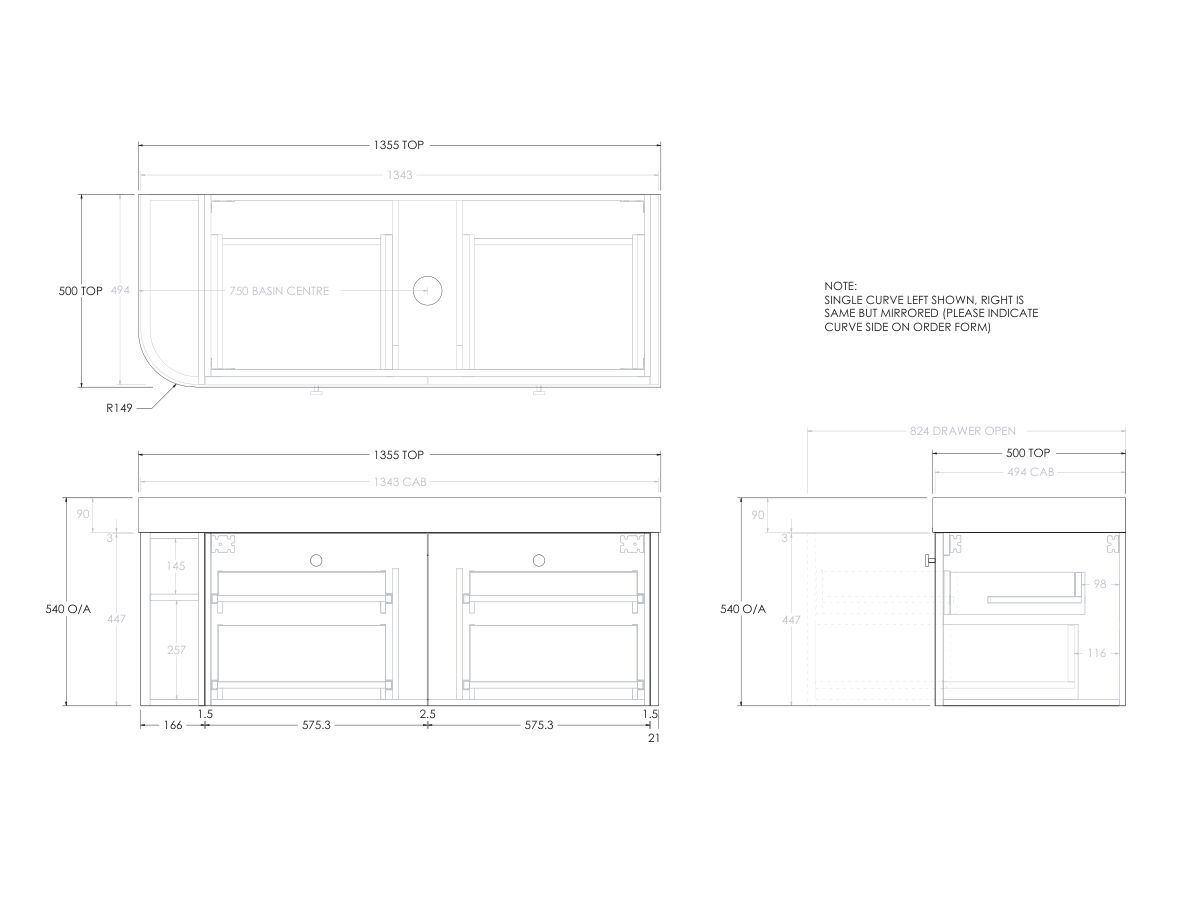 Reece Kado Era Single Curve All Drawer 1350mm Wall Hung Vanity Centre Basin 90mm Durasein Top