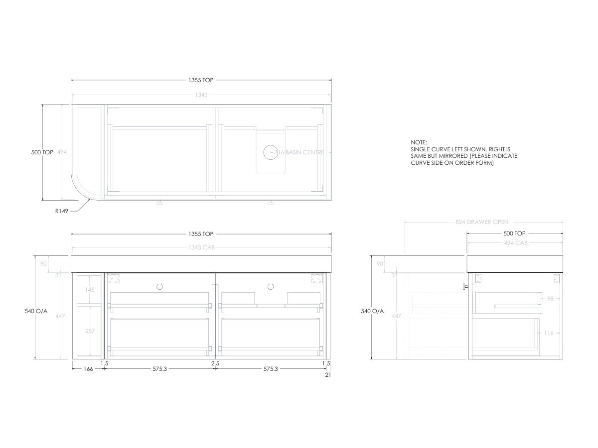 Reece Kado Era Single Curve All Drawer 1350mm Wall Hung Vanity Right Hand Basin 90mm Durasein Top