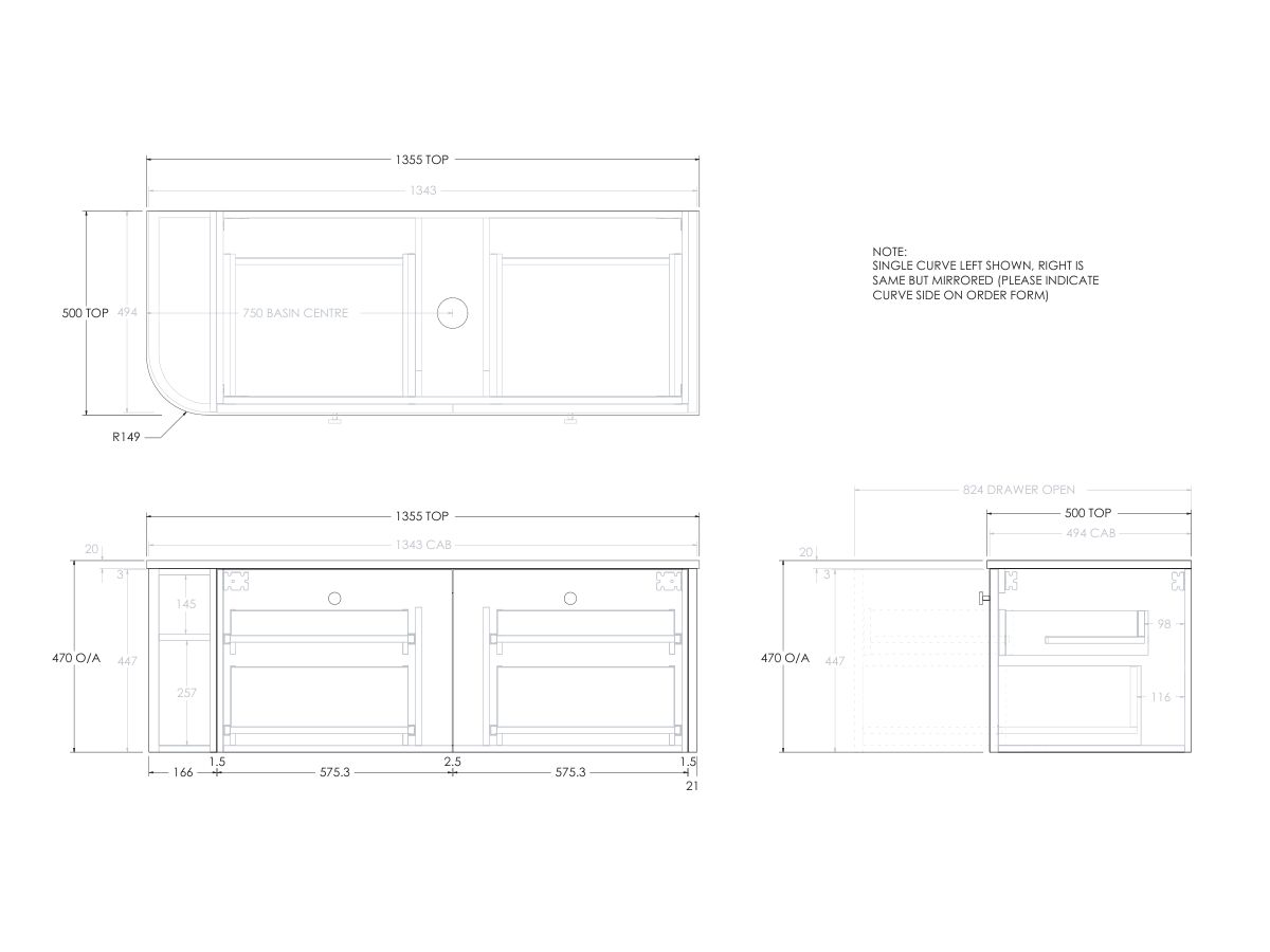 Reece Kado Era Single Curve All Drawer 1350mm Wall Hung Vanity With Centre Basin 20mm Cherry Pie Top