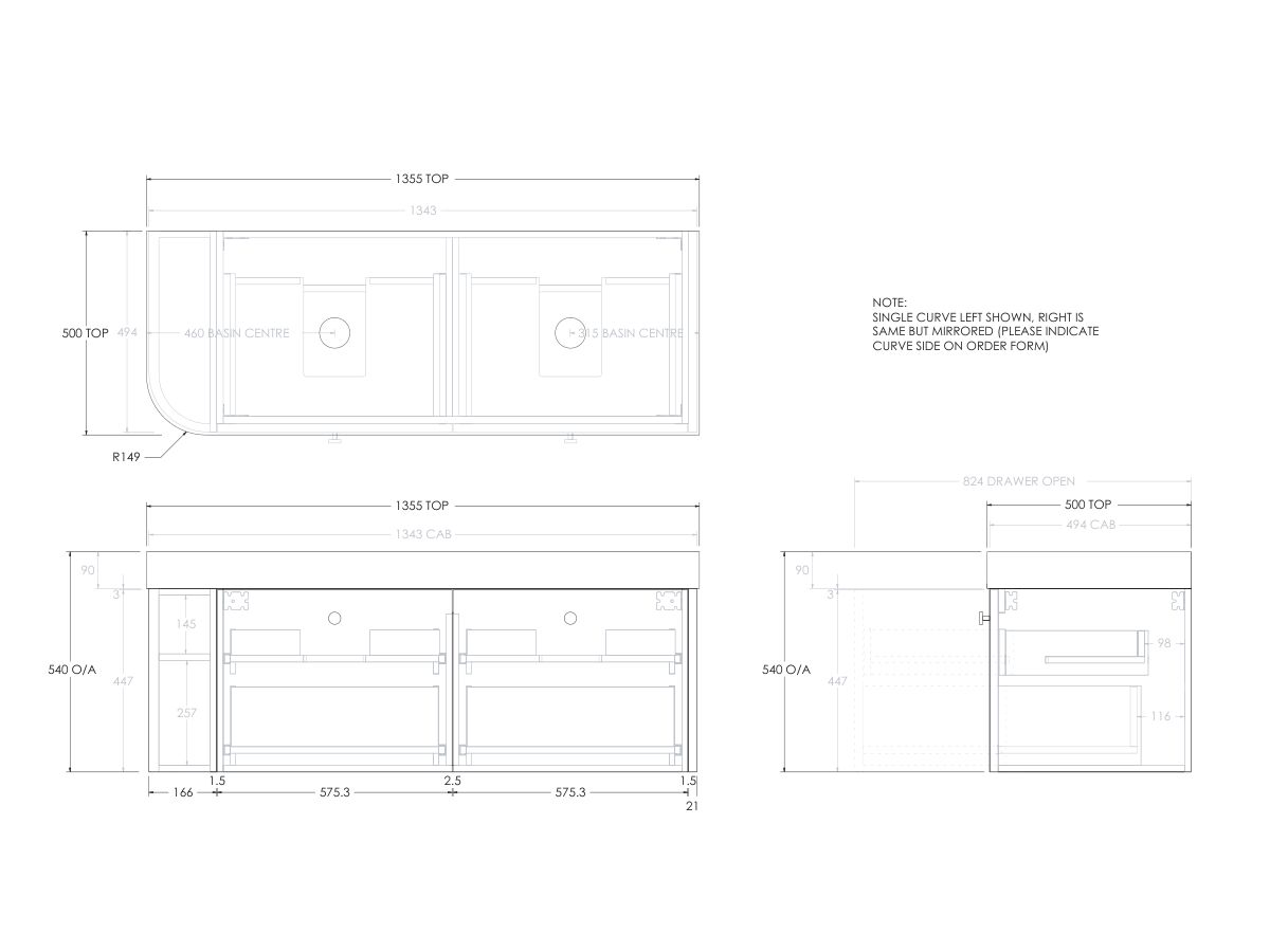 Reece Kado Era Single Curve All Drawer 1350mm Wall Hung Vanity Double Basin 90mm Durasein Top