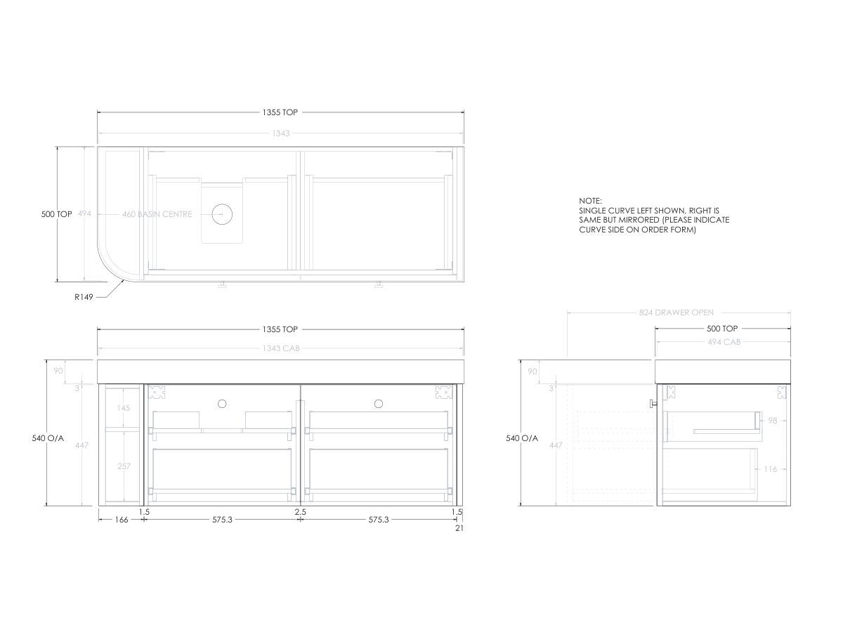 Reece Kado Era Single Curve All Drawer 1350mm Wall Hung Vanity Left Hand Basin 90mm Durasein Top