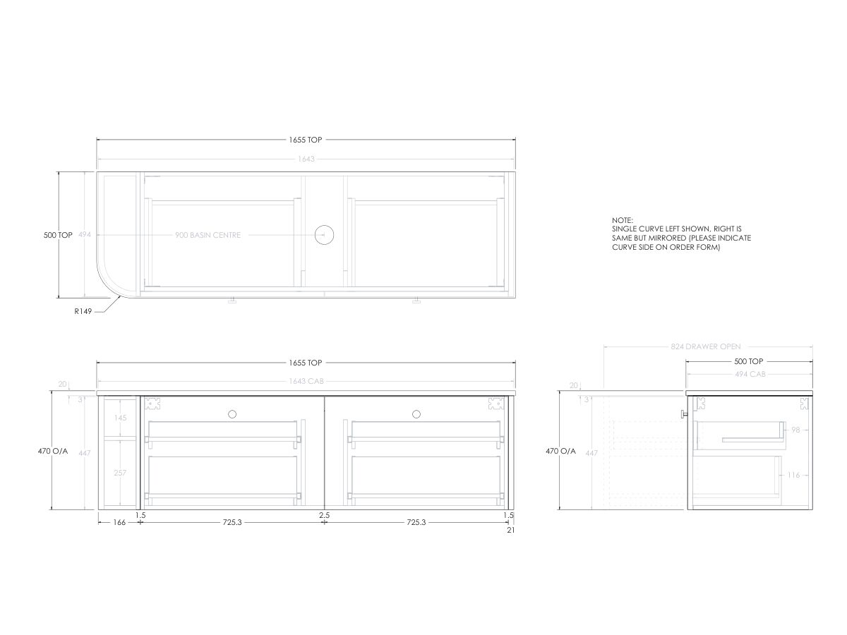 Reece Kado Era Single Curve All Drawer 1650mm Wall Hung Vanity With Centre Basin 20mm Caesarstone Mineral Top