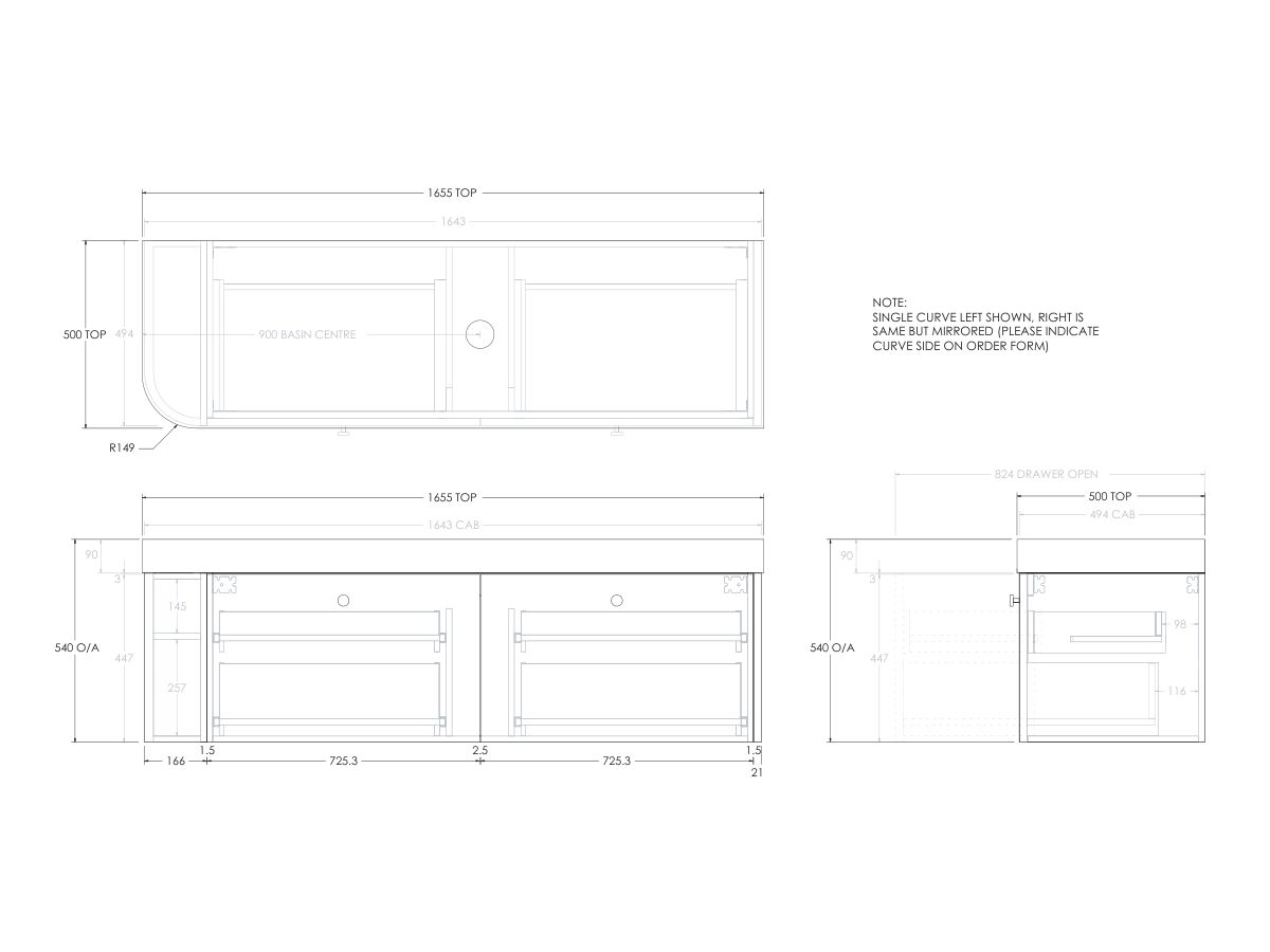 Reece Kado Era Single Curve All Drawer 1650mm Wall Hung Vanity Centre Basin 90mm Durasein Top