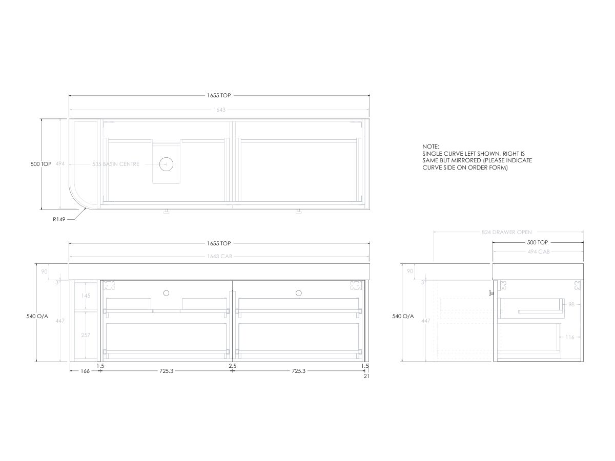 Reece Kado Era Single Curve All Drawer 1650mm Wall Hung Vanity Left Hand Basin 90mm Durasein Top