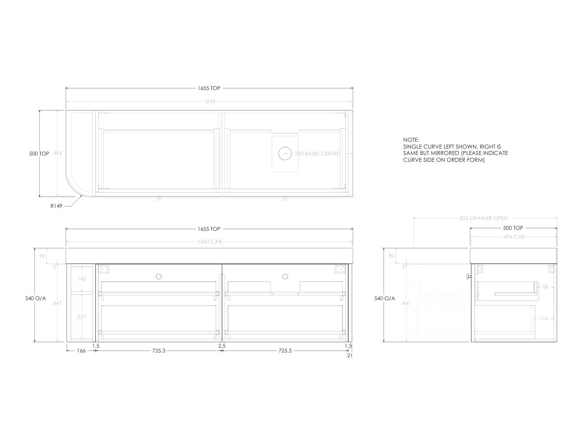 Reece Kado Era Single Curve All Drawer 1650mm Wall Hung Vanity Right Hand Basin 90mm Durasein Top