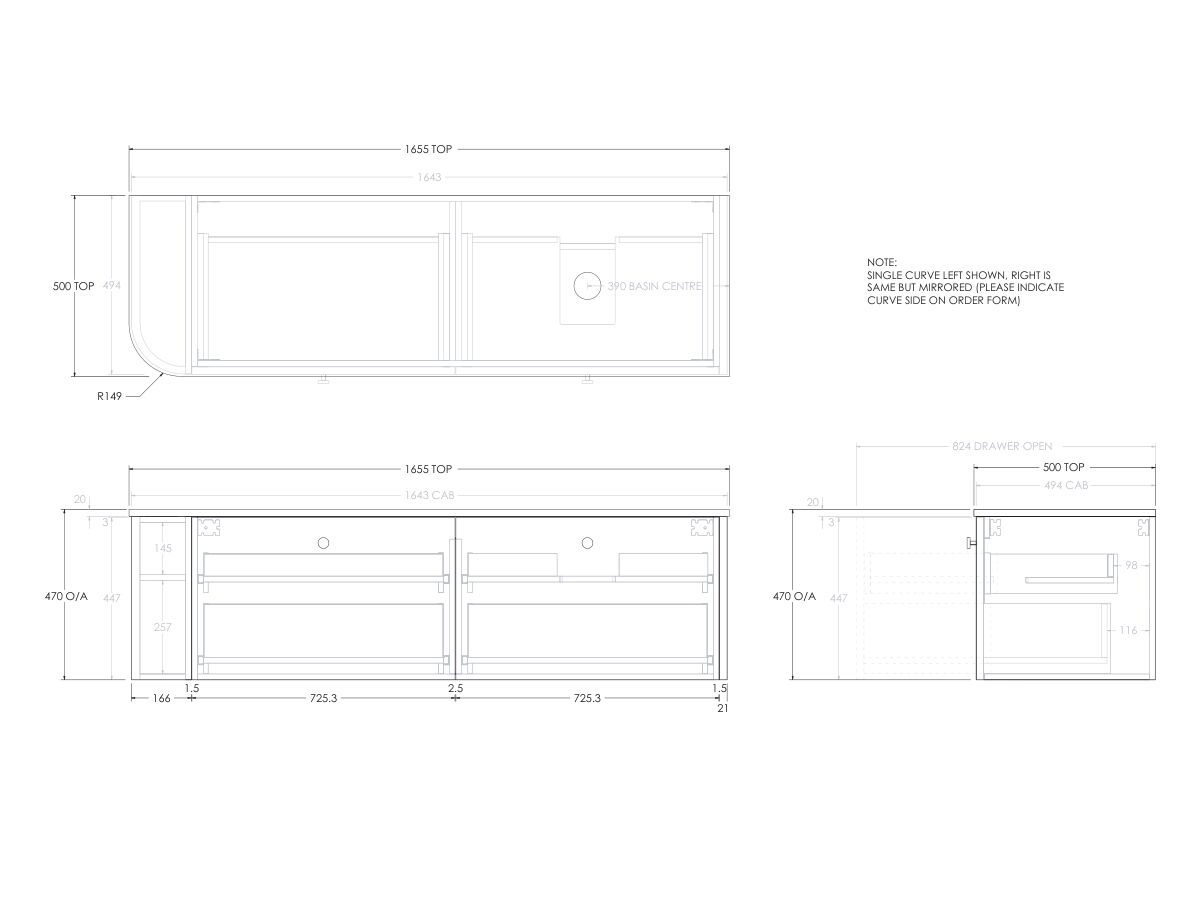 Reece Kado Era Single Curve All Drawer 1650mm Wall Hung Vanity With Right Hand Basin 20mm Cherry Pie Top