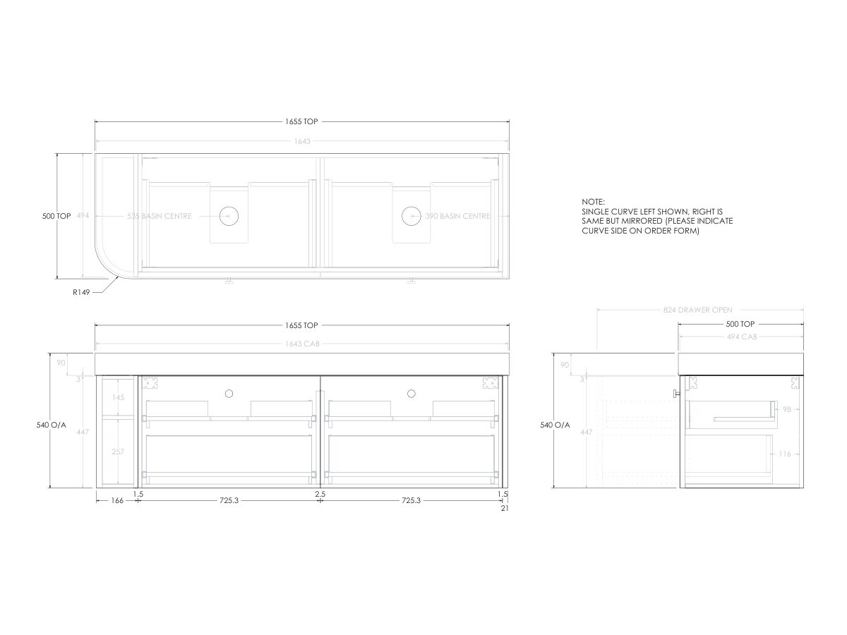 Reece Kado Era Single Curve All Drawer 1650mm Wall Hung Vanity Double Basin 90mm Durasein Top