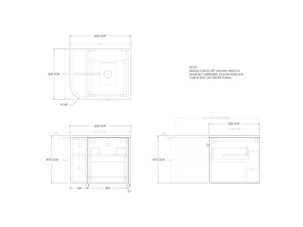 Reece Kado Era Single Curve All Drawer 600mm Wall Hung Vanity With Centre Basin 20mm Caesarstone Mineral Top