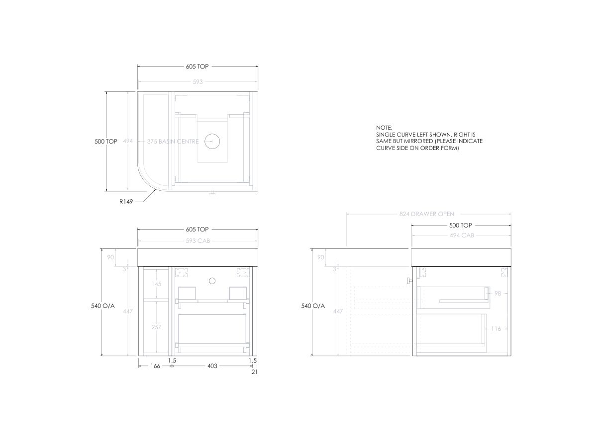 Reece Kado Era Single Curve All Drawer 600mm Wall Hung Vanity Centre Basin 90mm Durasein Top