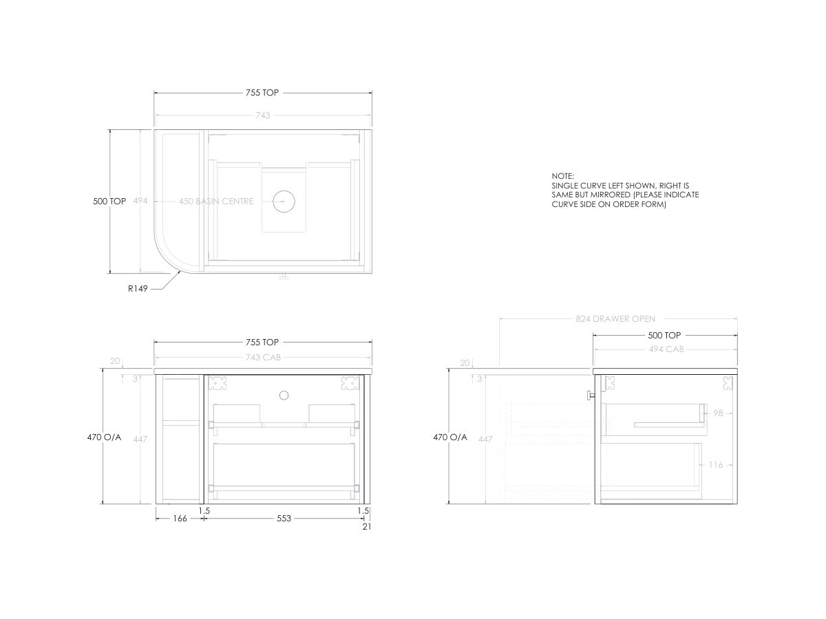 Reece Kado Era Single Curve All Drawer 750mm Wall Hung Vanity With Centre Basin 20mm Caesarstone Mineral Top