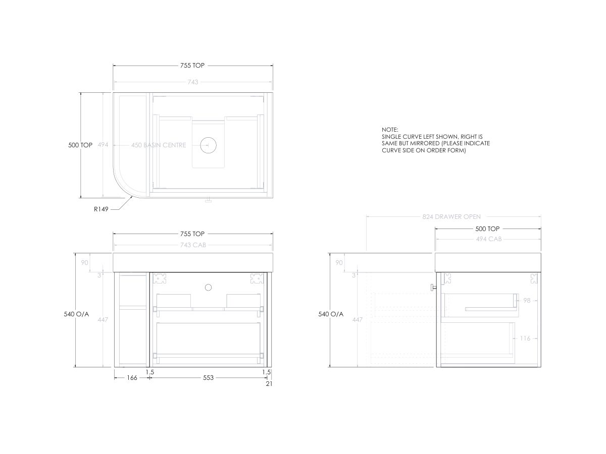 Reece Kado Era Single Curve All Drawer 750mm Wall Hung Vanity Centre Basin 90mm Durasein Top