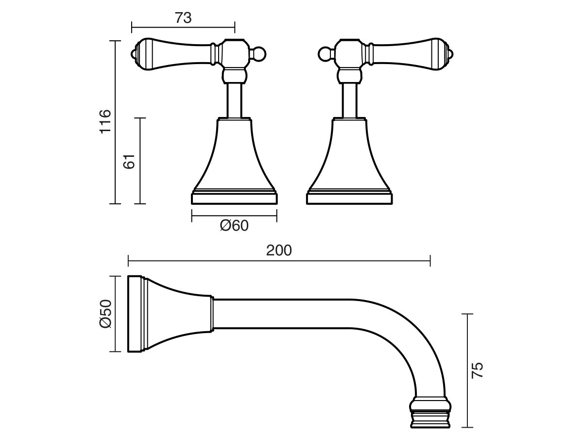 Reece Kado Era Wall Bath Set 200mm Lever Porcelain Handle Brass Gold