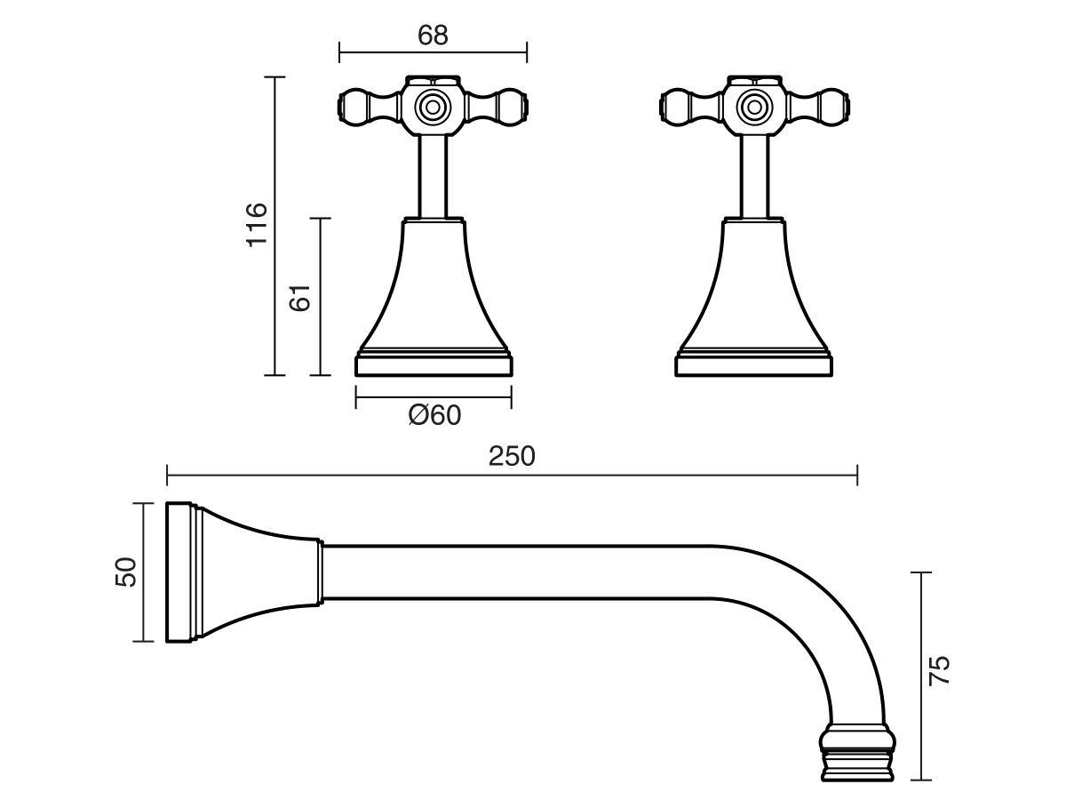 Reece Kado Era Wall Bath Set 250mm Cross Handles Chrome
