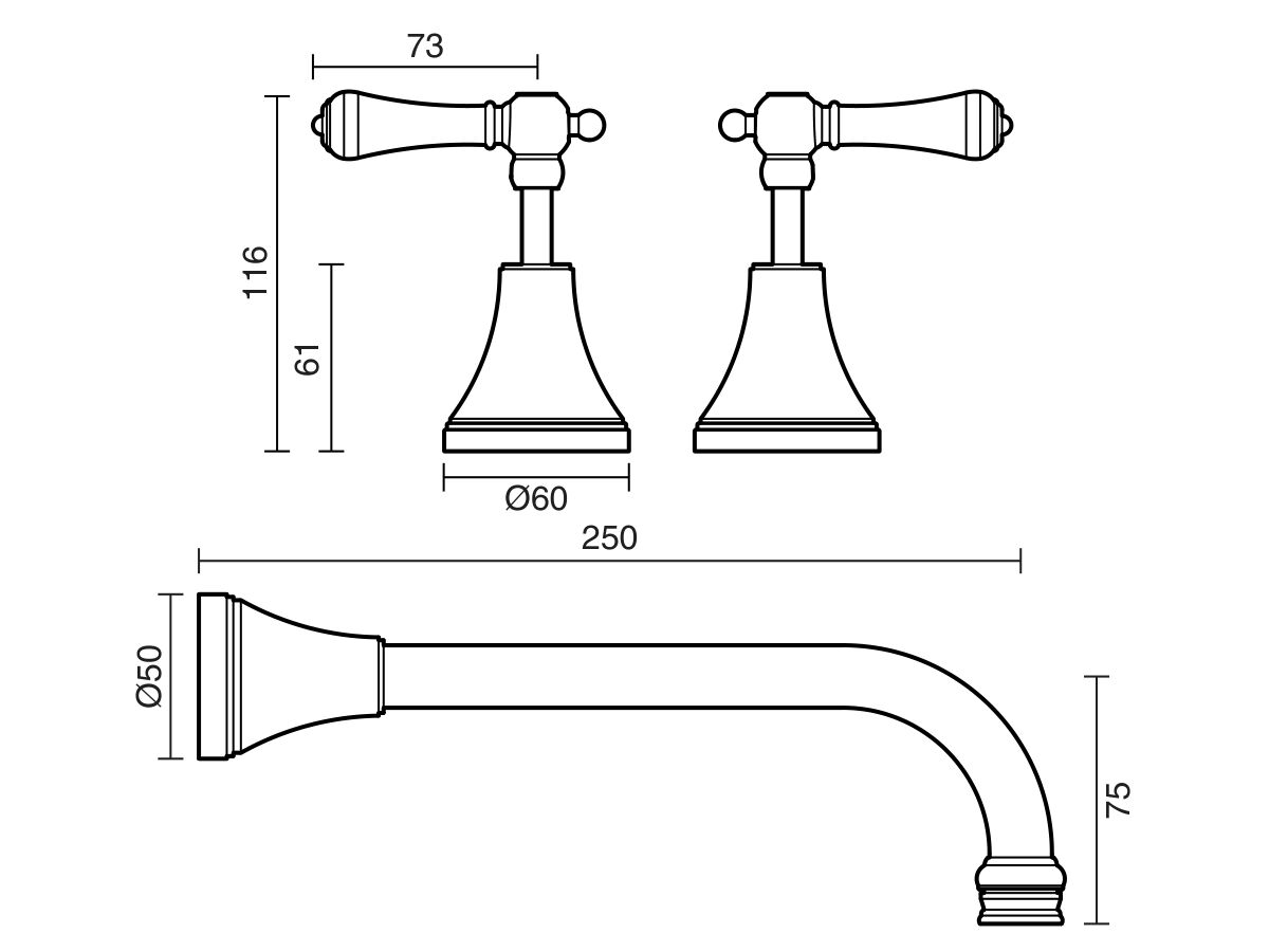 Reece Kado Era Wall Bath Set 250mm Lever Porcelain Handle Chrome