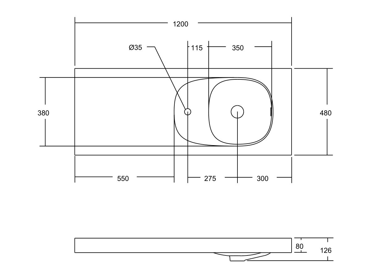 Reece Kado Lussi 1200mm Right Hand Wall Basin Side Shelf With Overflow 1 Taphole Matte White Solid Surface
