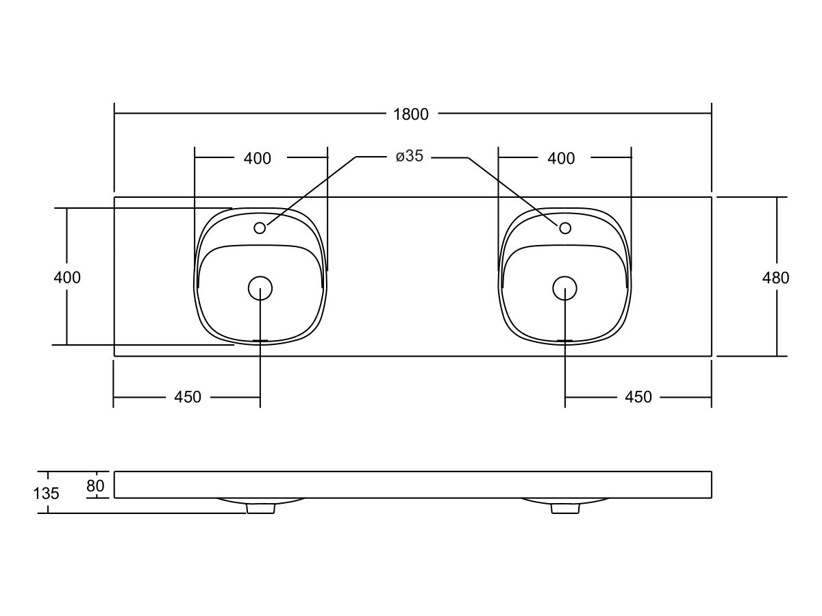 Reece Kado Lussi 1800mm Double Wall Basin Rear Shelf With Overflow 2 Taphole Matte White Solid Surface