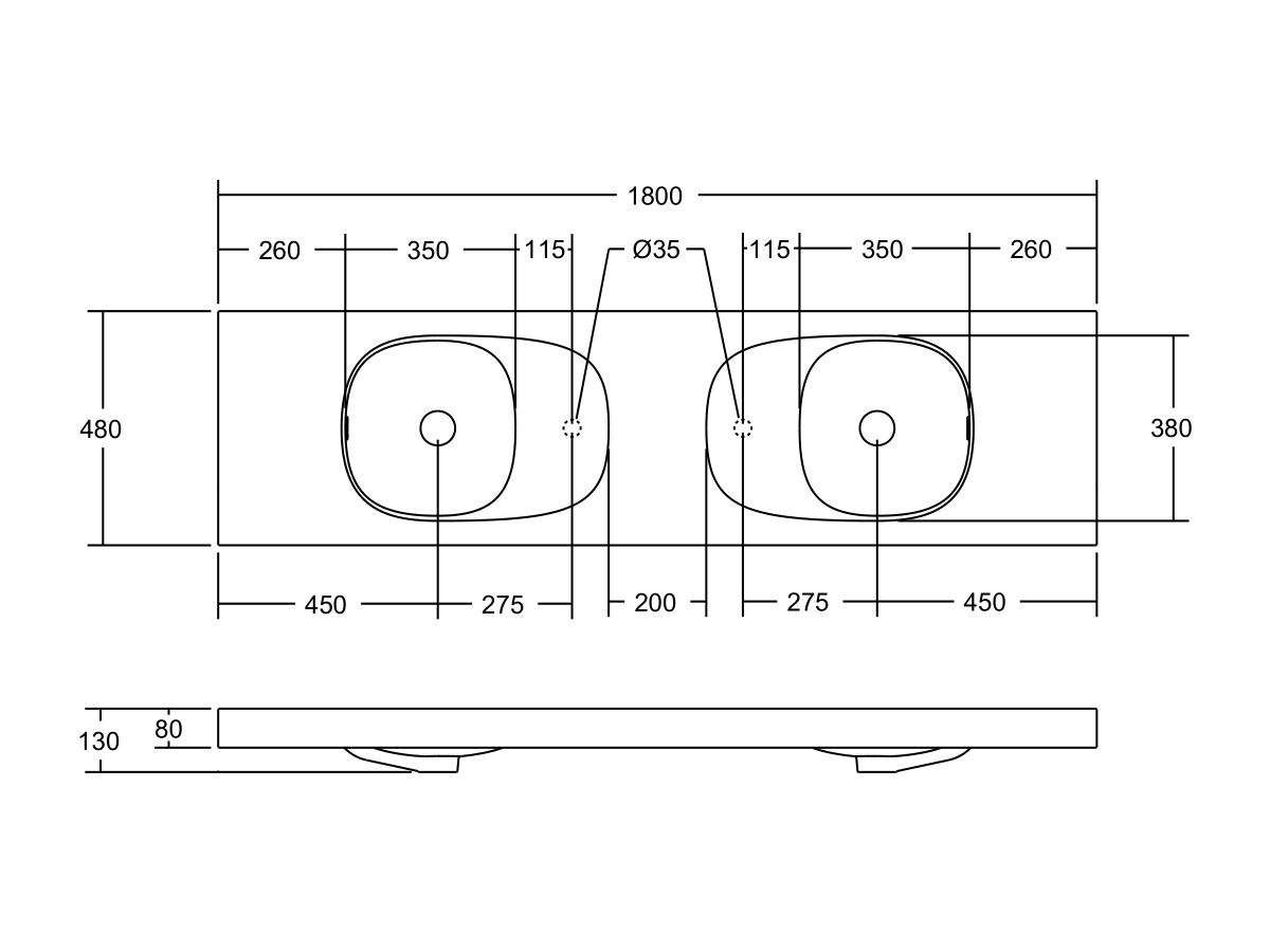 Reece Kado Lussi 1800mm Double Wall Basin Side Shelf With Overflow 2 Taphole Matte White Solid Surface