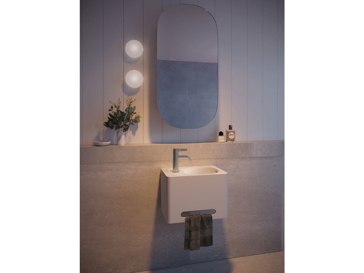 Reece Kado Lussi 420mm Left Hand Wall Basin With Towel Rail And Overflow 1 Taphole Matte White Solid Surface