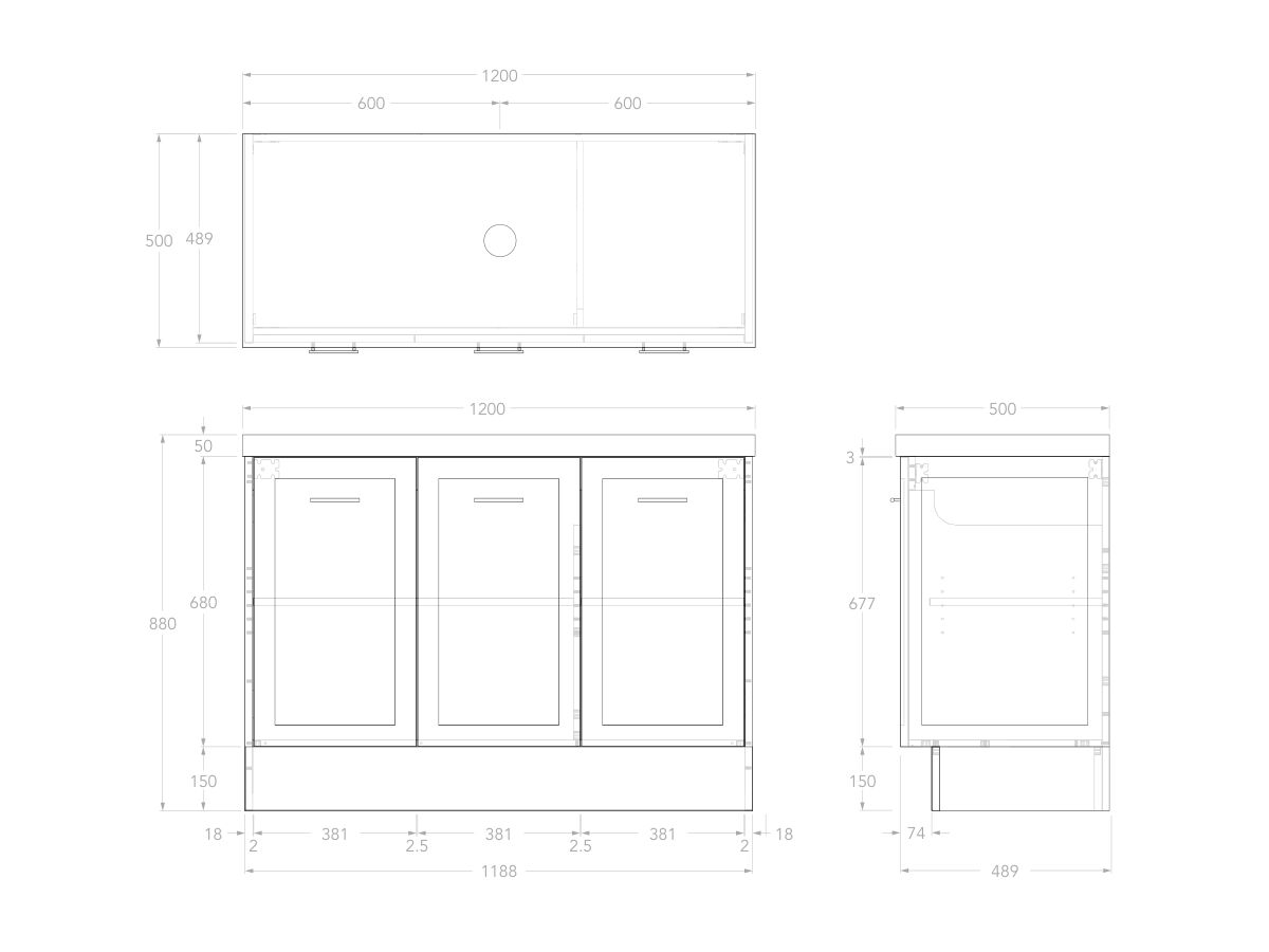 Reece Kado Lux All Door 1200mm Floor Mounted Vanity Centre Basin 50mm Durasein Top