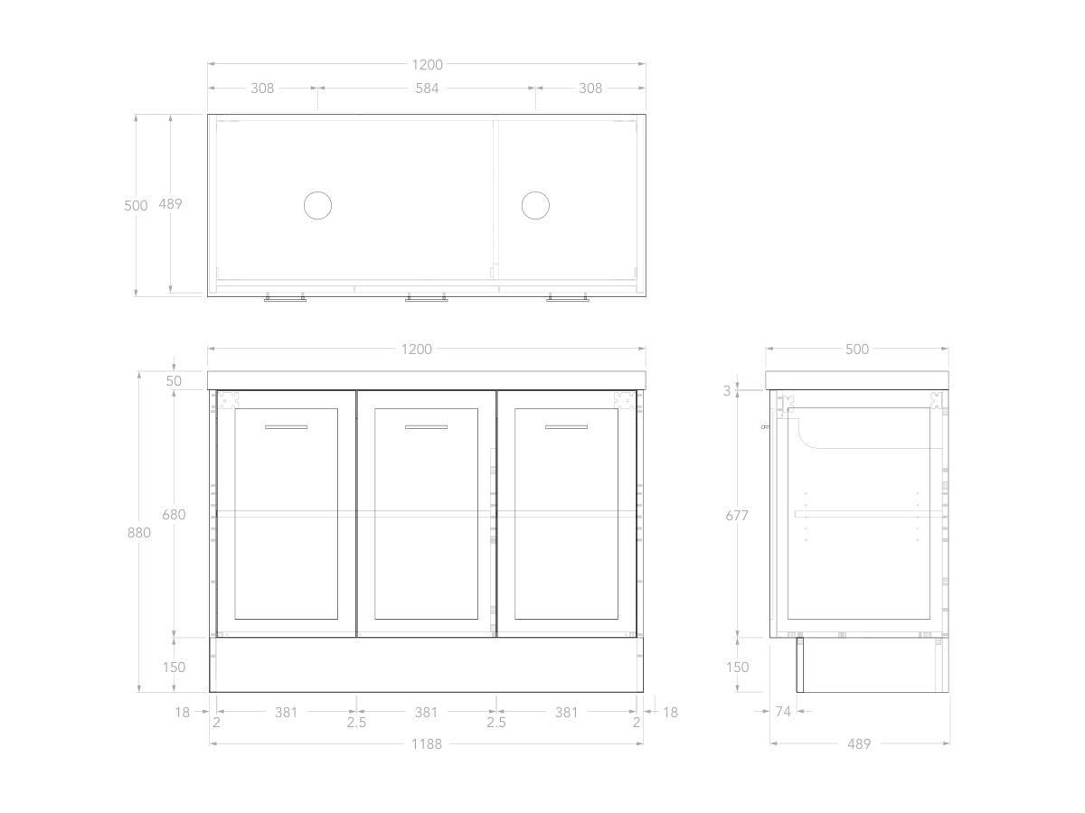 Reece Kado Lux All Door 1200mm Floor Mounted Vanity Double Basin 50mm Cherry Pie Top