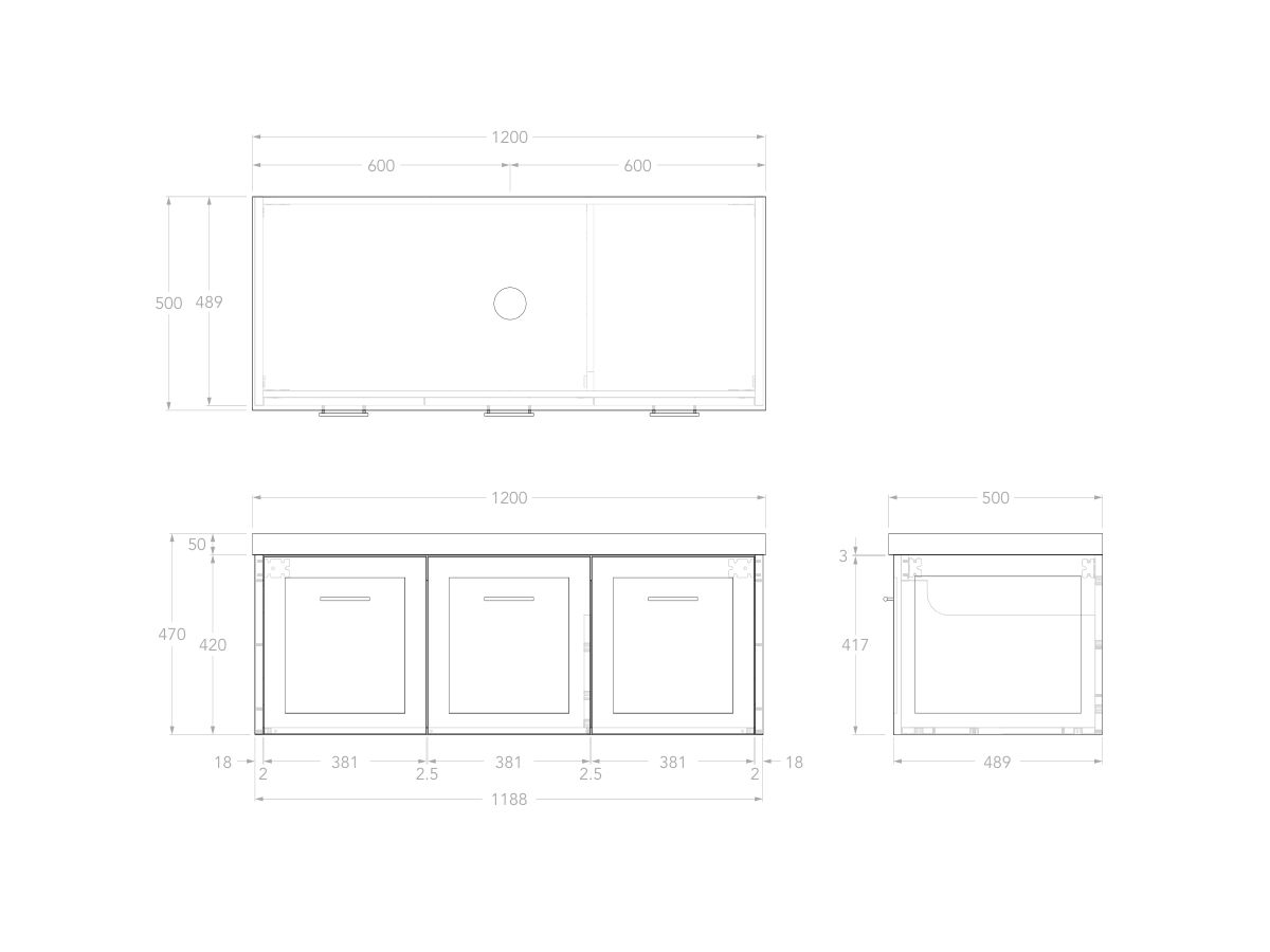 Reece Kado Lux All Door 1200mm Wall Hung Vanity Centre Basin 50mm Caesarstone Mineral Top