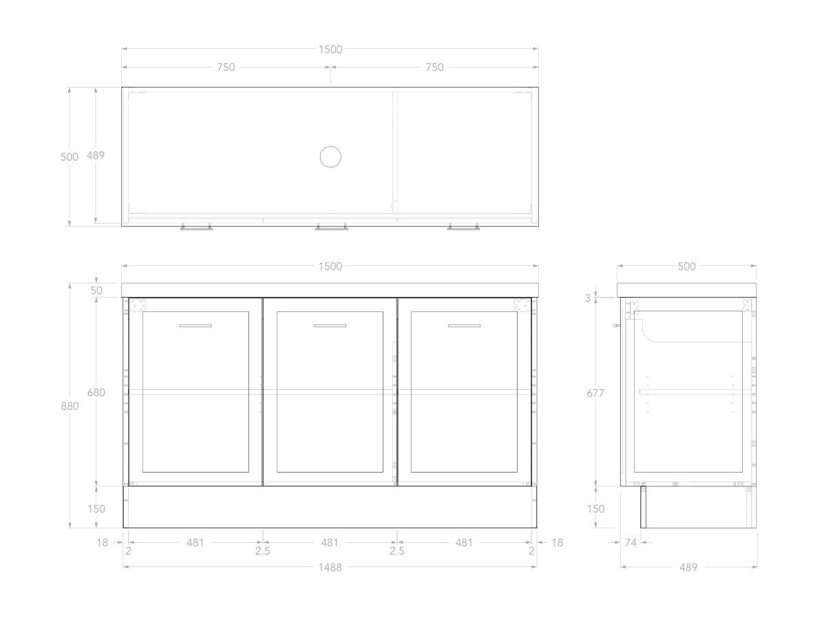 Reece Kado Lux All Door 1500mm Floor Mounted Vanity Centre Basin 50mm Durasein Top