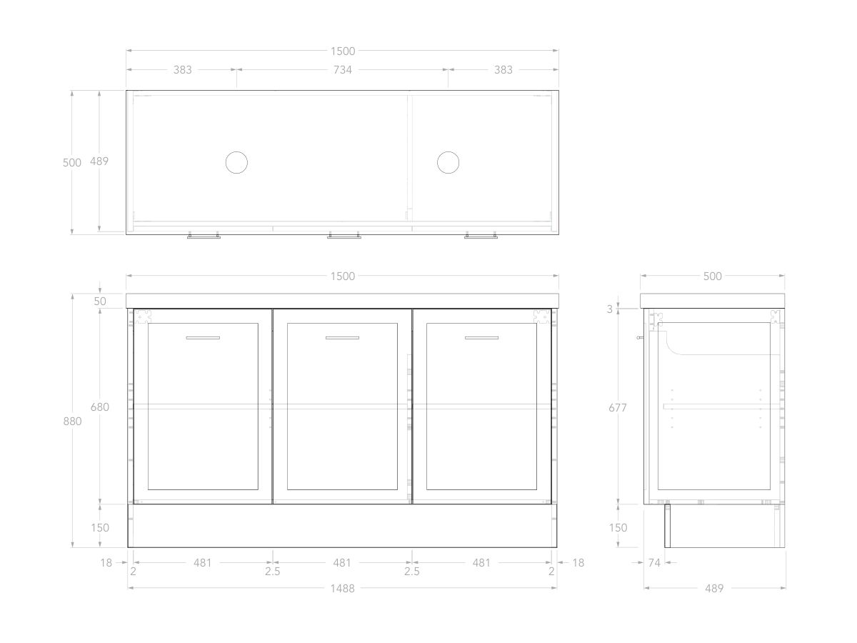 Reece Kado Lux All Door 1500mm Floor Mounted Vanity Double Basin 50mm Durasein Top