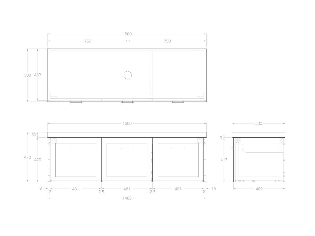 Reece Kado Lux All Door 1500mm Wall Hung Vanity Centre Basin 50mm Cherry Pie Top