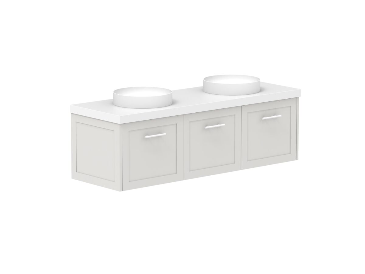 Reece Kado Lux All Door 1500mm Wall Hung Vanity Double Basin 50mm Caesarstone Mineral Top