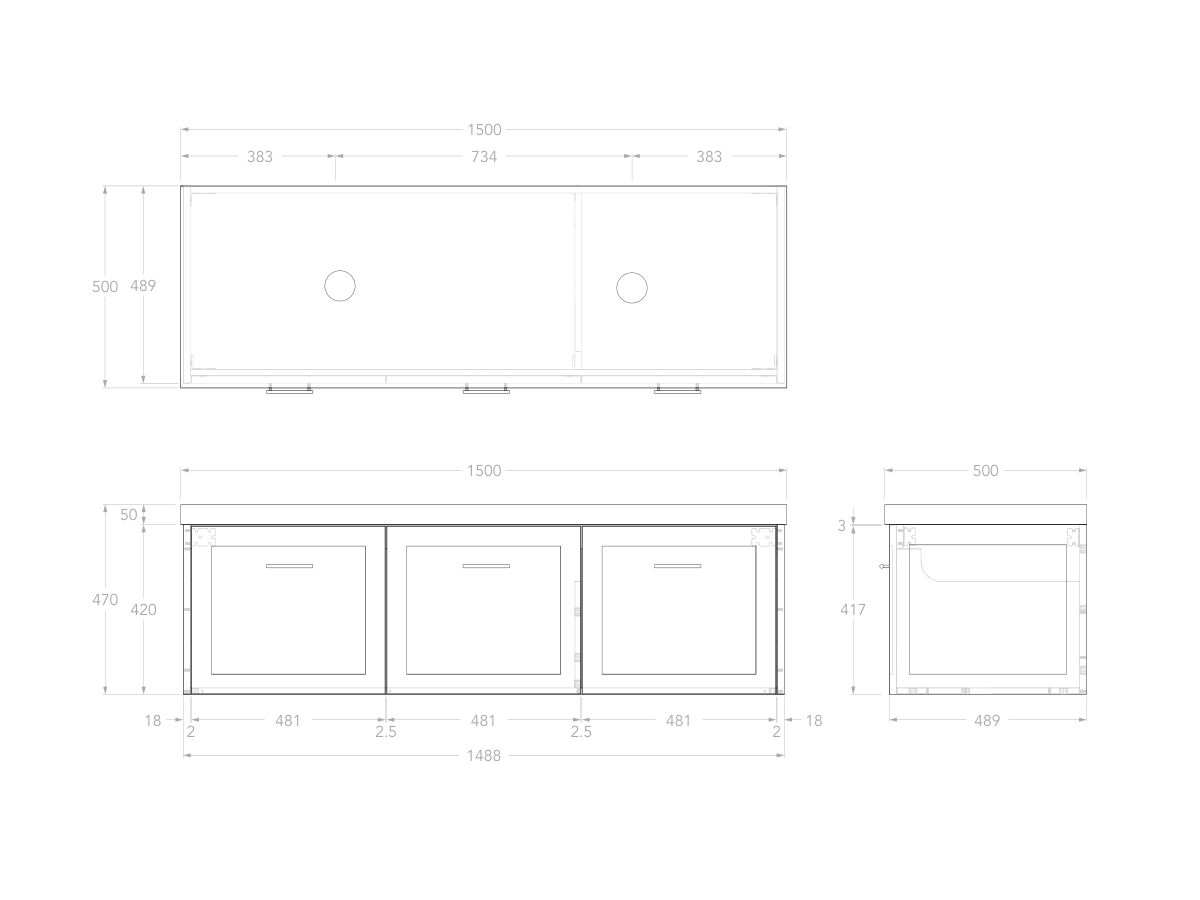 Reece Kado Lux All Door 1500mm Wall Hung Vanity Double Basin 50mm Caesarstone Mineral Top