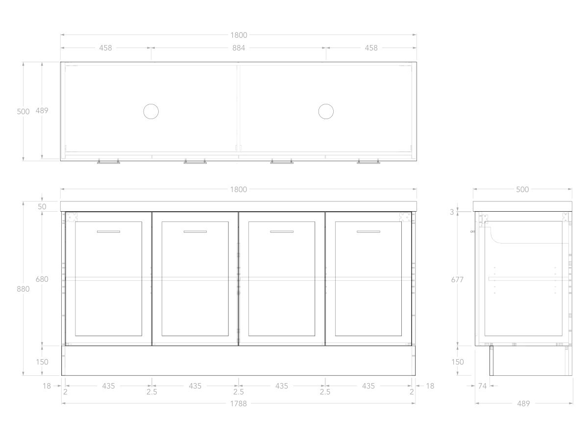 Reece Kado Lux All Door 1800mm Floor Mounted Vanity Double Basin 50mm Durasein Top