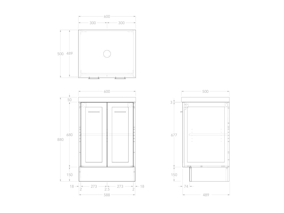 Reece Kado Lux All Door 600mm Floor Mounted Vanity Centre Basin 50mm Caesarstone Mineral Top