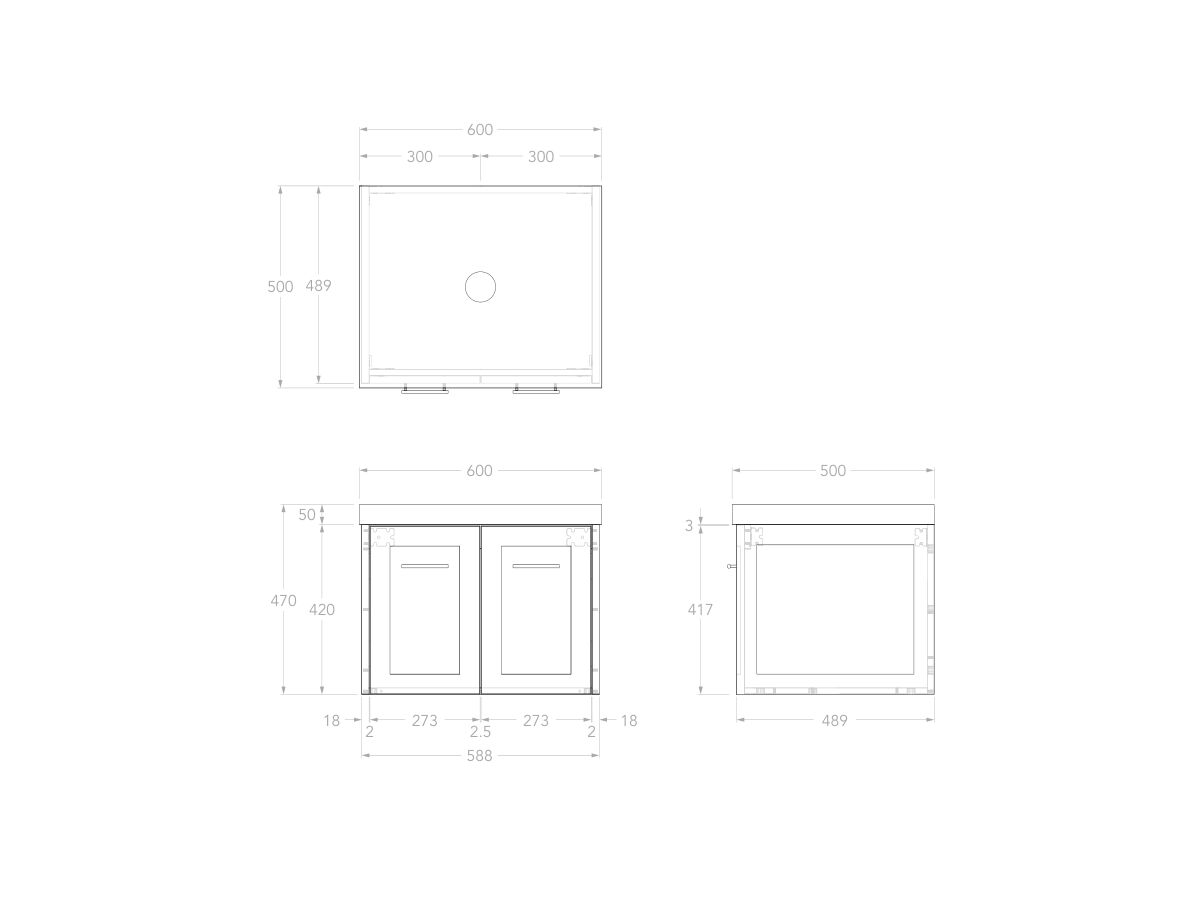 Reece Kado Lux All Door 600mm Wall Hung Vanity Centre Basin 50mm Caesarstone Mineral Top